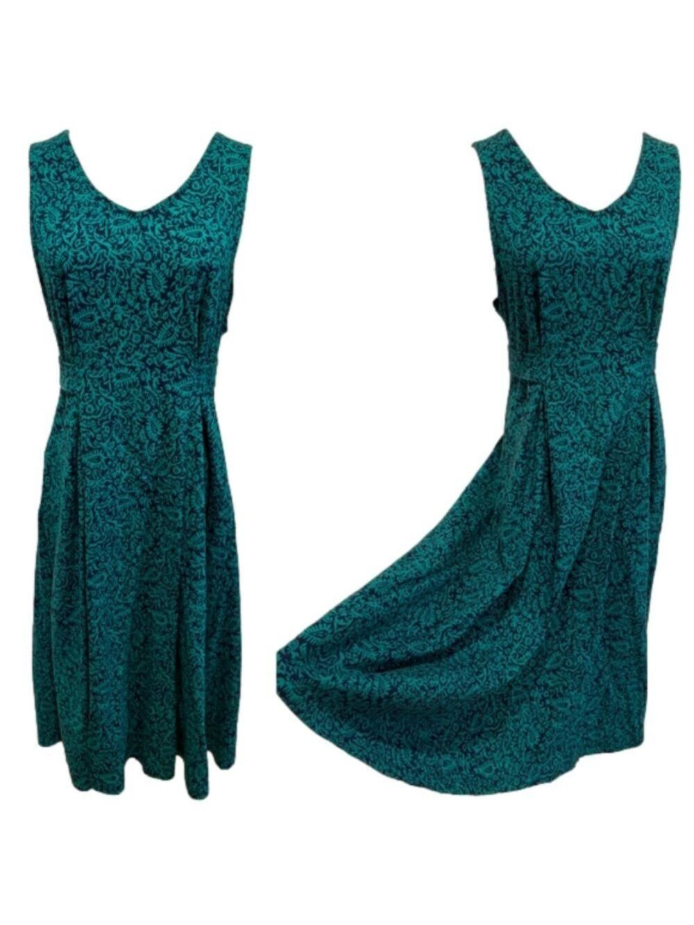 70s KNIT NAVY & GREEN PAISLEY HANDMADE COTTAGECORE SLEEVELESS V-NECK MIDI DRESS